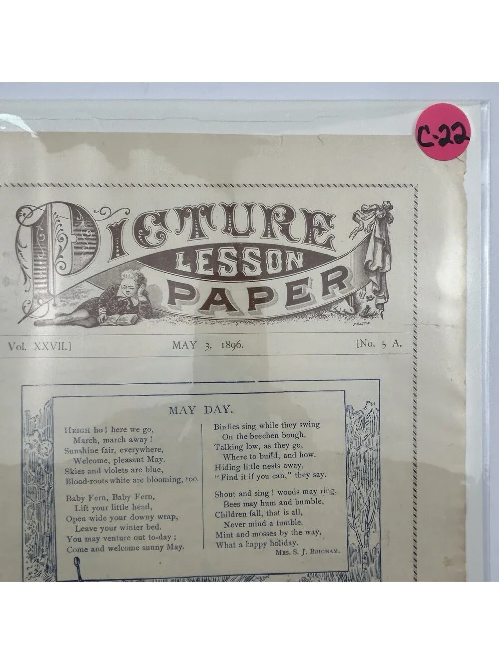1892 Picture Paper Lesson Aug.7, 19th Century Children’s Religious Lesson    C22